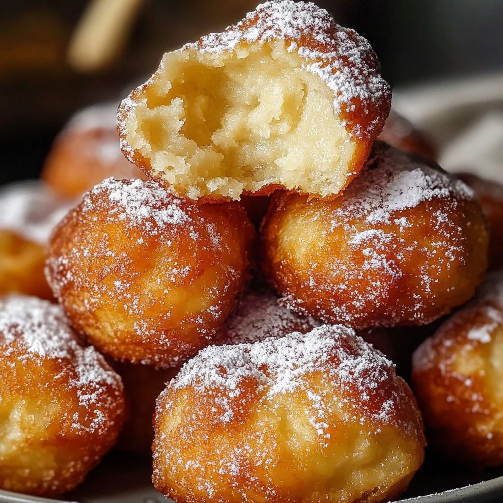 Delicious homemade ricotta zeppole dusted with powdered sugar.