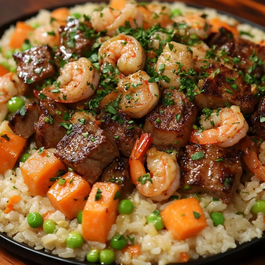 Delicious sizzling steak and shrimp fried rice served in a bowl