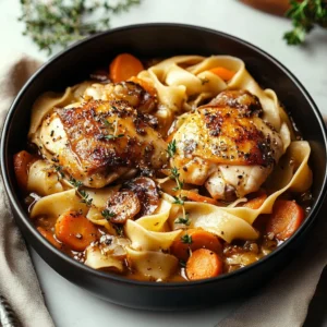 Skillet chicken with buttered noodles on a plate, garnished with herbs.