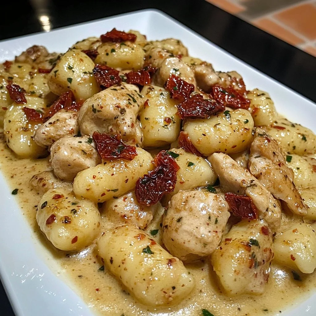 Skillet Chicken Gnocchi with chicken, cream sauce, and gnocchi in a skillet
