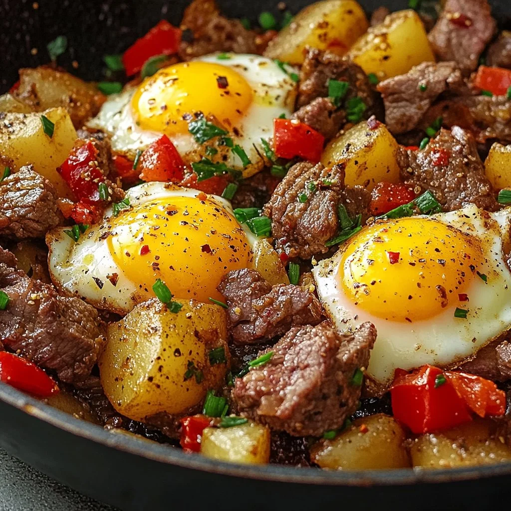 Delicious Skillet Steak and Potato Hash served in a skillet