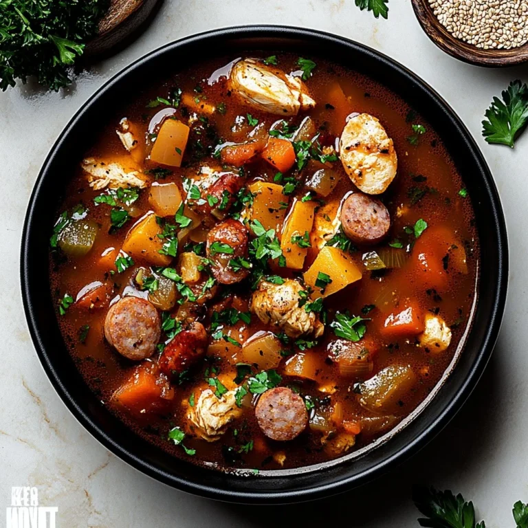 Bowl of Slow Cooker Chicken Sausage Gumbo with colorful vegetables and spices