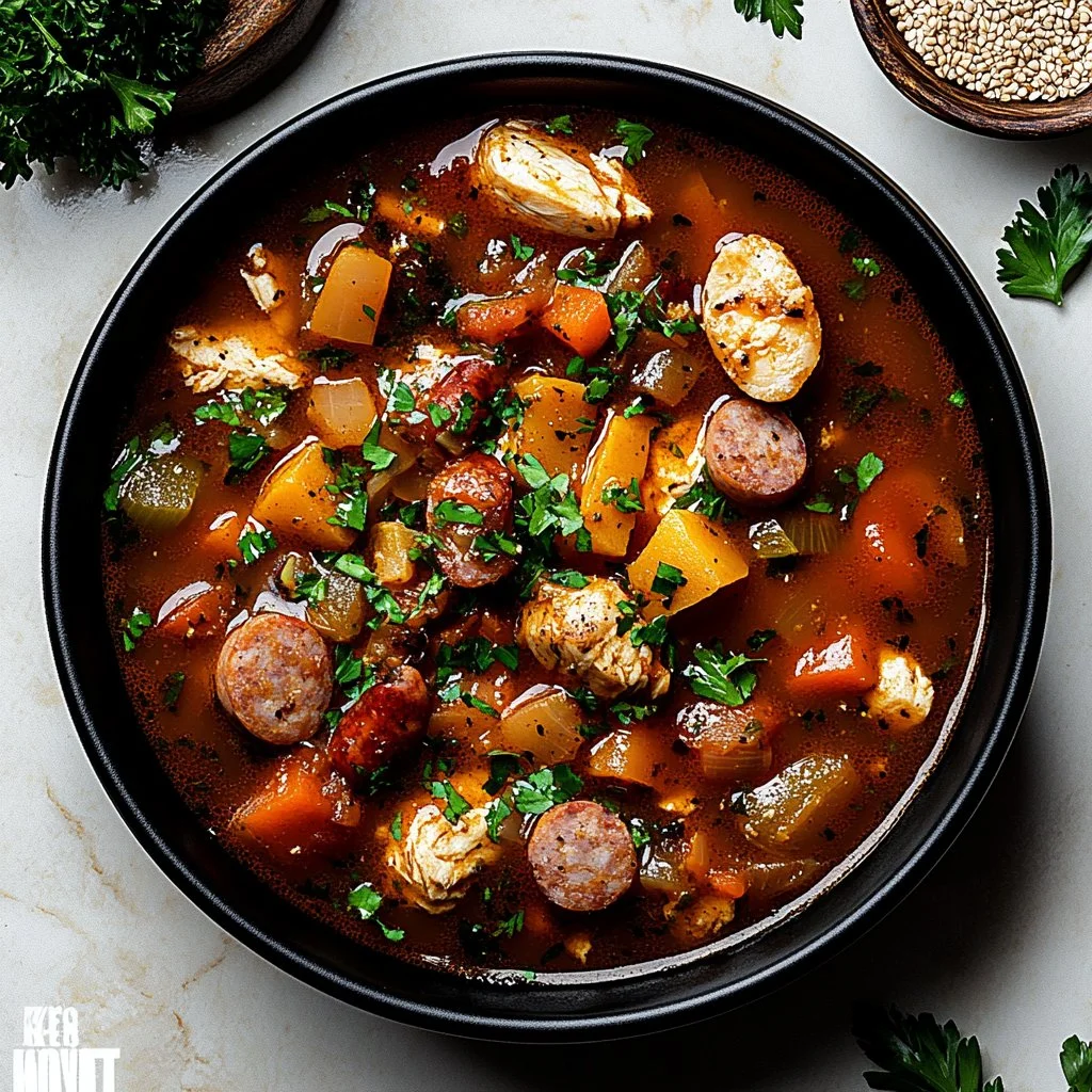 Bowl of Slow Cooker Chicken Sausage Gumbo with colorful vegetables and spices