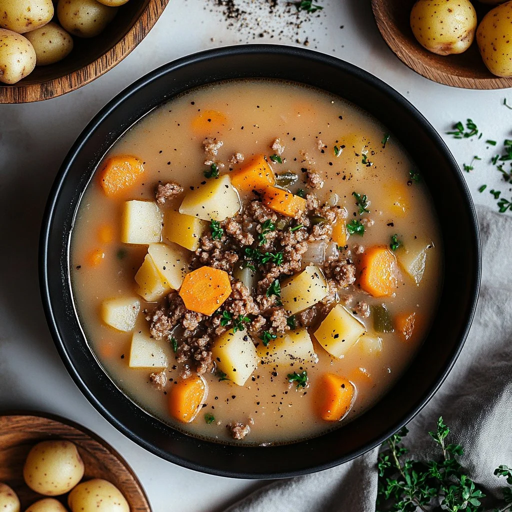 Bowl of hearty Slow Cooker Hamburger Potato Soup with potatoes and ground beef