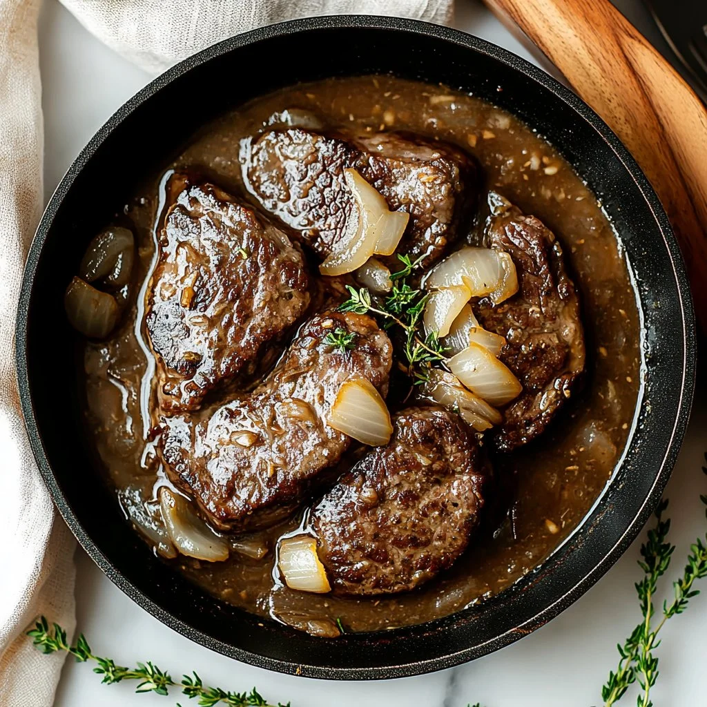 Delicious smothered steak topped with savory onion gravy.