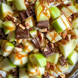 Delicious Snickers Apple Crunch Salad with apples, caramel, and chocolate.