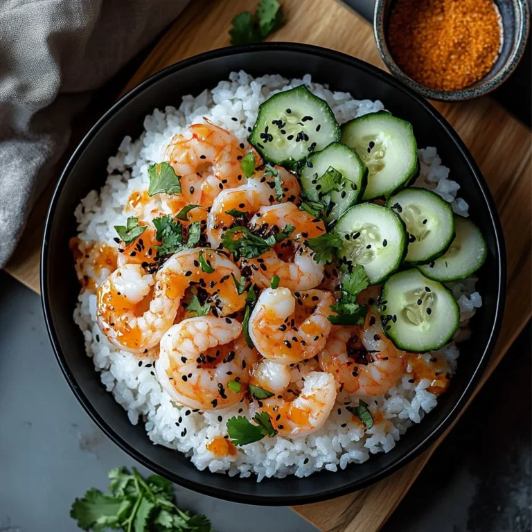 Delicious spicy mayo shrimp rice bowl with fresh vegetables and rice.