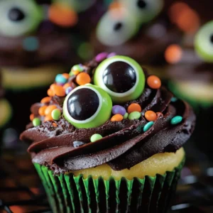 Spooky eyeball cupcakes decorated with candy eyes and frosting