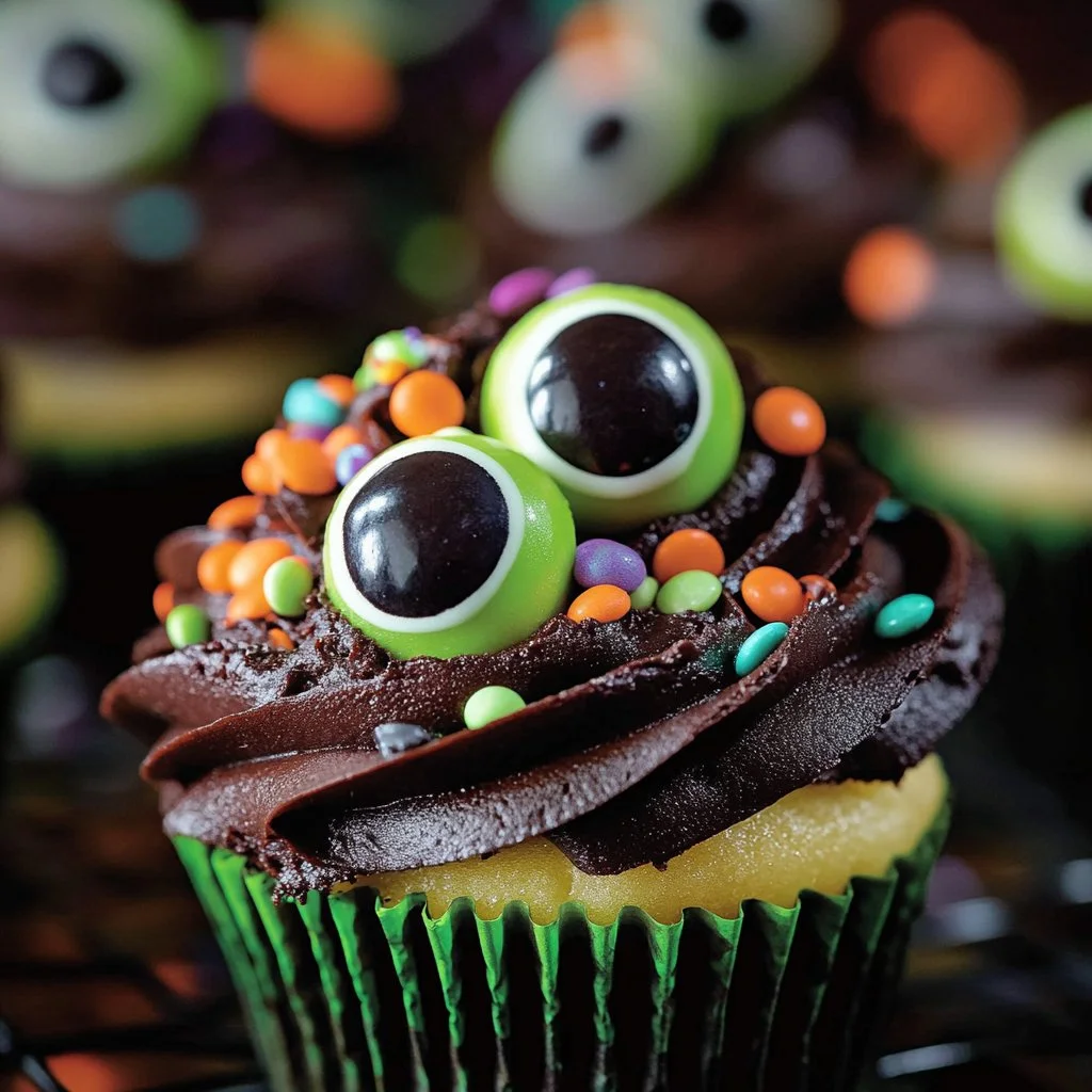 Spooky eyeball cupcakes decorated with candy eyes and frosting