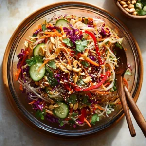 Delicious spring roll salad drizzled with ginger dressing on a plate.