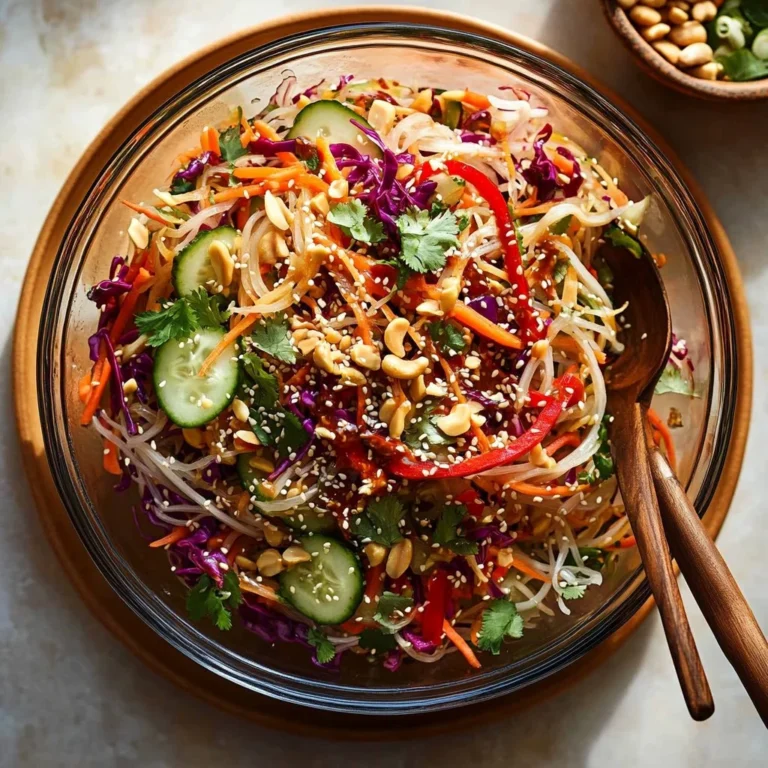 Delicious spring roll salad drizzled with ginger dressing on a plate.
