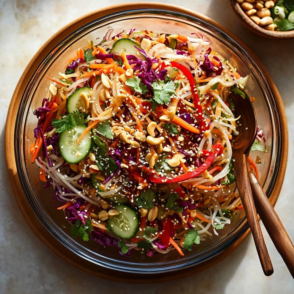 Delicious spring roll salad drizzled with ginger dressing on a plate.