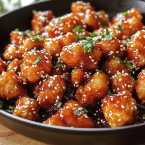 Delicious sticky Honey Garlic Chicken served on a plate with green onions