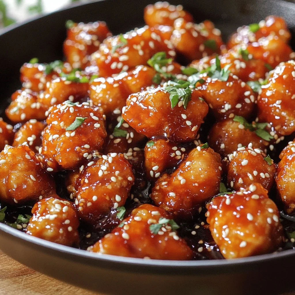 Delicious sticky Honey Garlic Chicken served on a plate with green onions