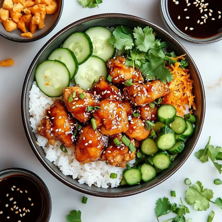 Sticky Korean Fried Chicken Rice Bowl with vibrant vegetables and sauce