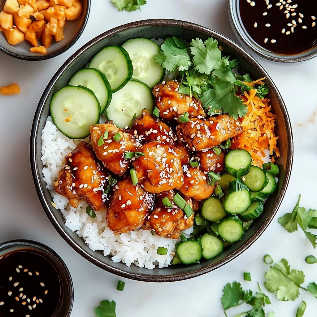 Sticky Korean Fried Chicken Rice Bowl with vibrant vegetables and sauce