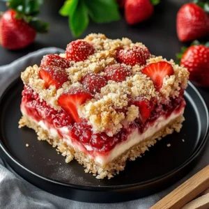 Strawberry cheesecake crumble bars on a plate, garnished with fresh strawberries.