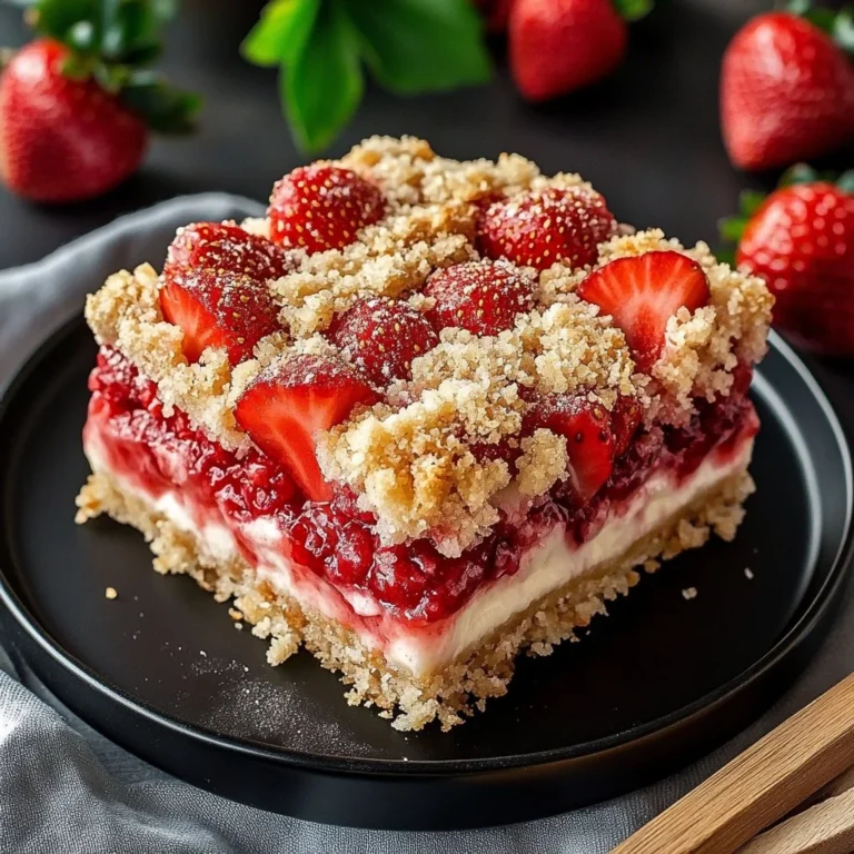 Strawberry cheesecake crumble bars on a plate, garnished with fresh strawberries.