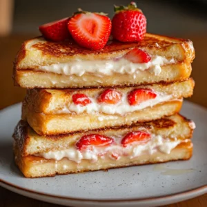Strawberry Cheesecake Stuffed French Toast topped with strawberries and syrup