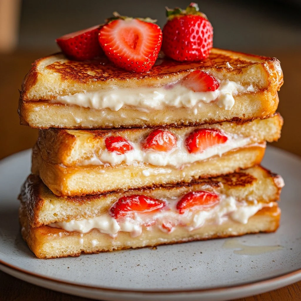 Strawberry Cheesecake Stuffed French Toast topped with strawberries and syrup