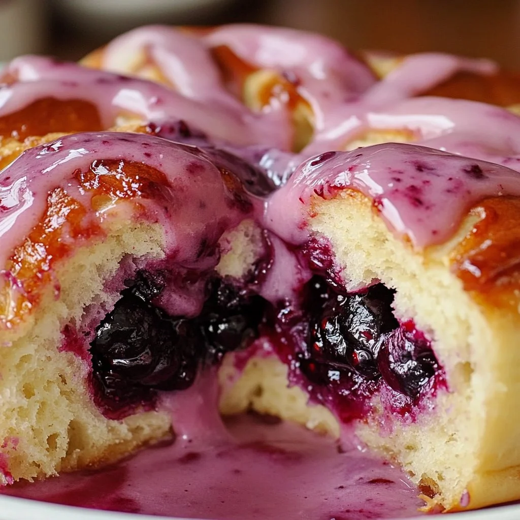 Freshly baked sweet blueberry roll topped with icing and blueberries