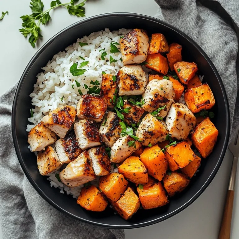 Healthy Sweet Potato Chicken Rice Bowl with vibrant vegetables and tender chicken