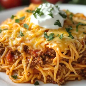 Delicious Taco Pasta Bake topped with cheese and fresh toppings