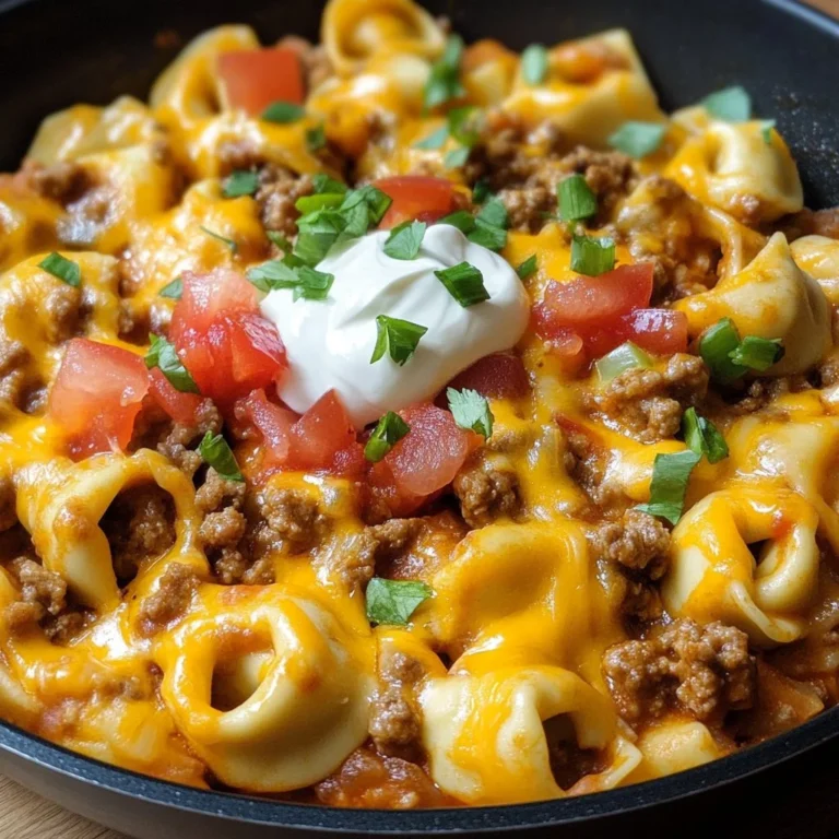 Taco Tortellini Skillet with Cheese in a colorful pan, ready to serve.