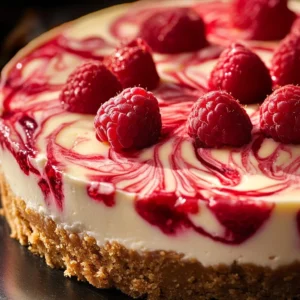 Delicious white chocolate raspberry cheesecake with a raspberry swirl on top.