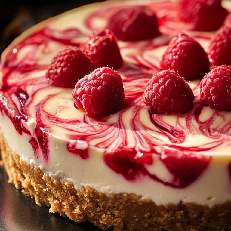 Delicious white chocolate raspberry cheesecake with a raspberry swirl on top.