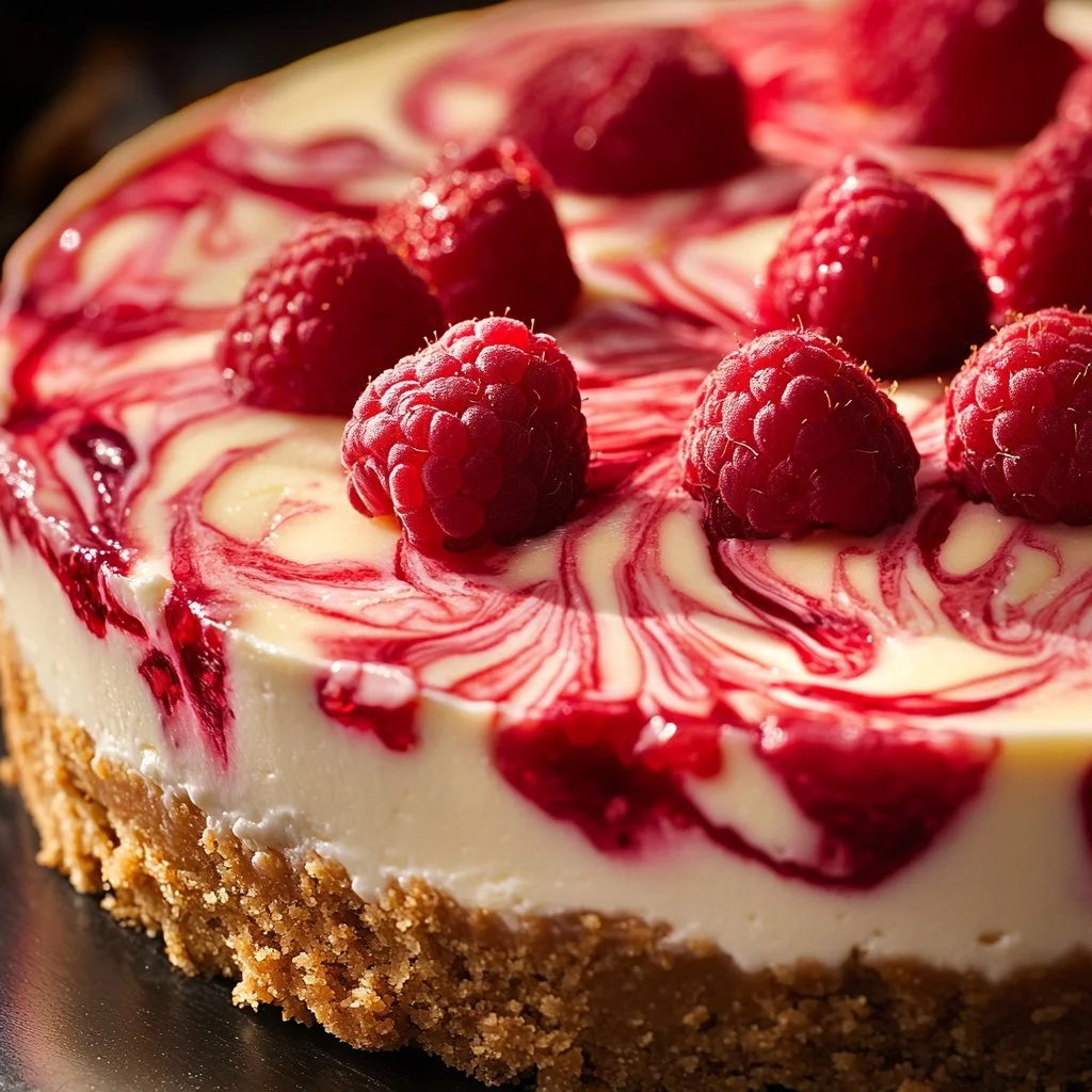 Delicious white chocolate raspberry cheesecake with a raspberry swirl on top.