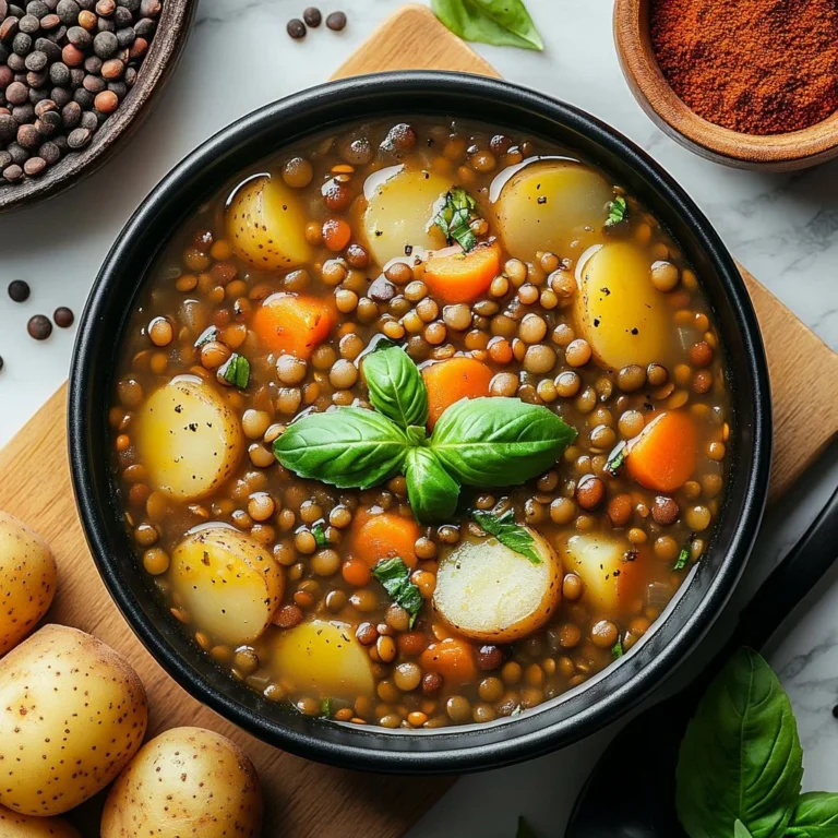 Bowl of wholesome lentil and potato soup garnished with fresh herbs