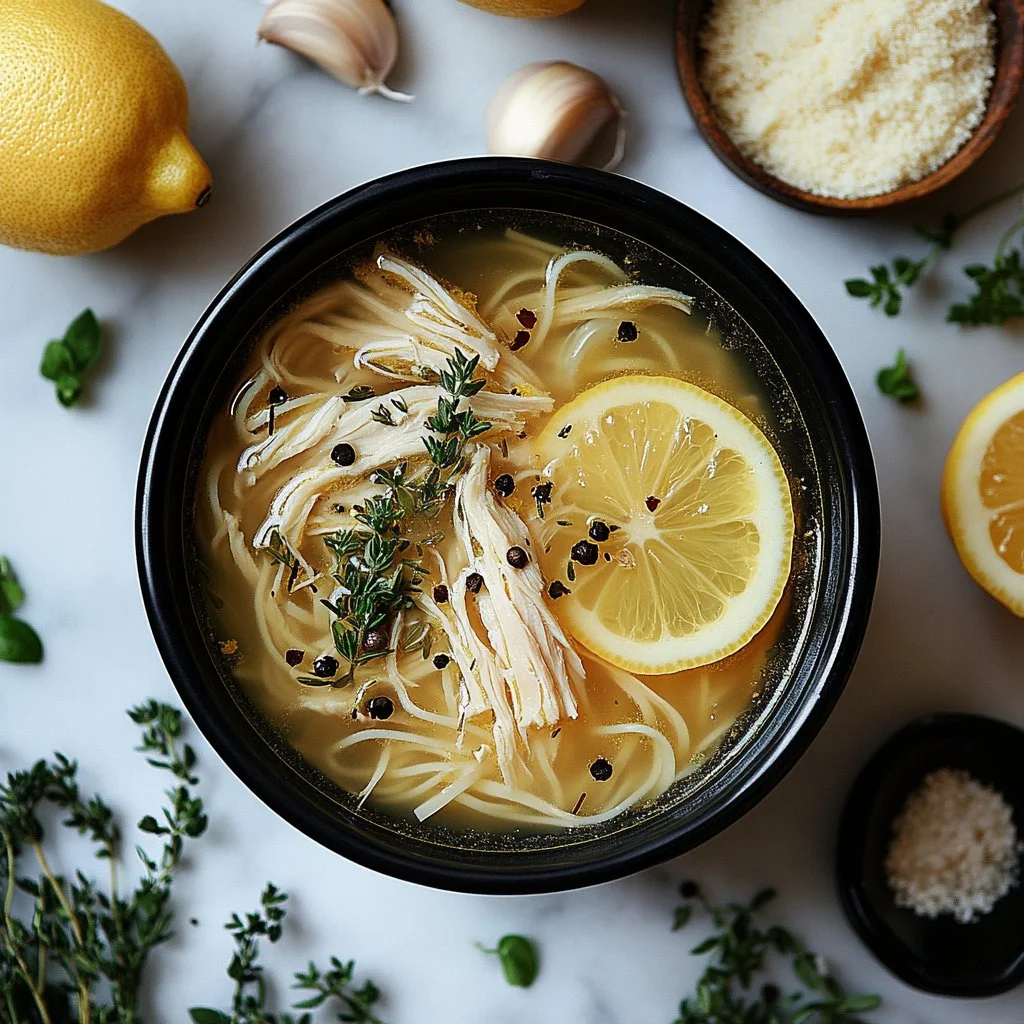 Bowl of zesty Greek lemon chicken soup with fresh herbs and lemon slices