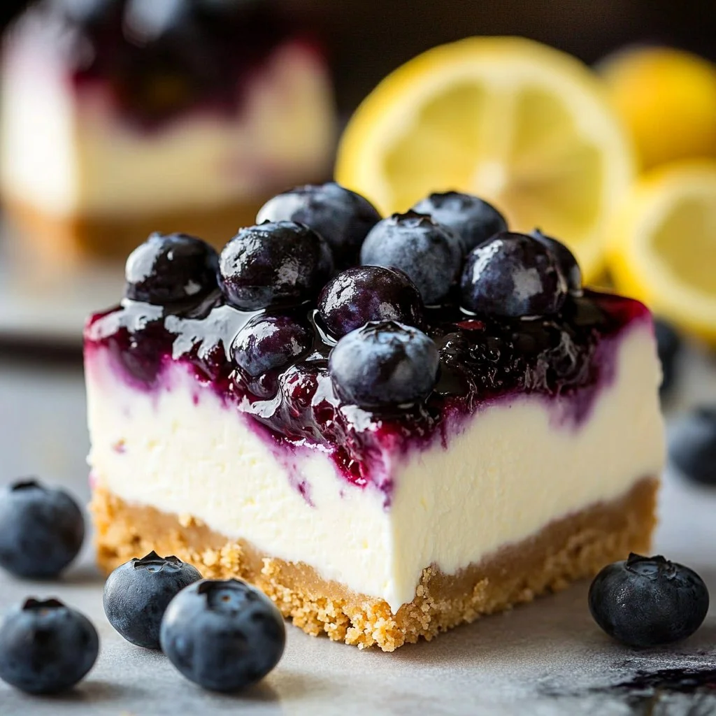 Slice of zesty lemon blueberry cheesecake topped with fresh blueberries