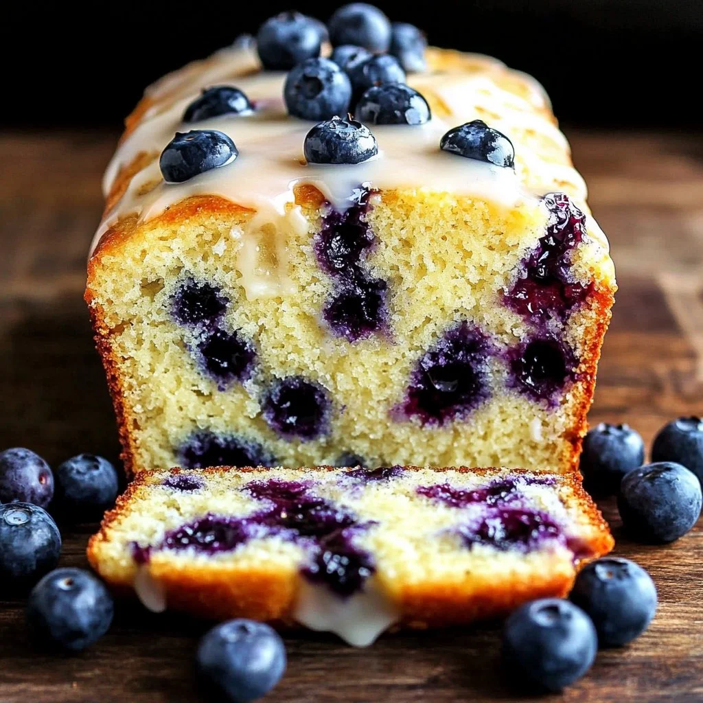 Sliced zesty lemon blueberry loaf with fresh blueberries and lemon zest