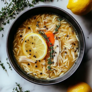 Bowl of zesty Mediterranean lemon chicken soup garnished with fresh herbs